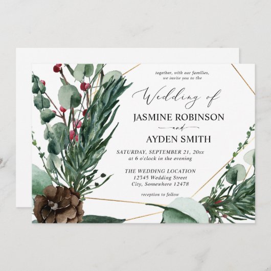 冬の実と松のグリーンウェディング2 招待状 (正面/裏面)