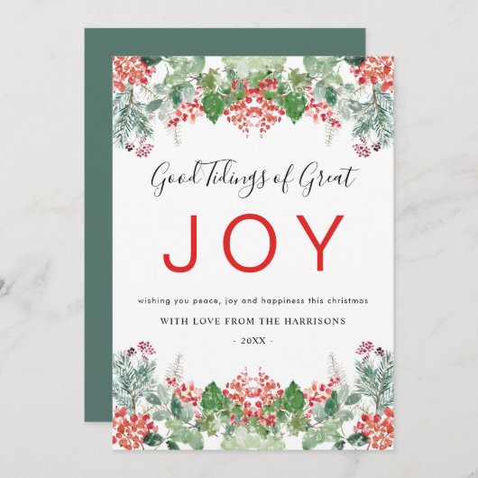 冬の実と緑の喜びのクリスマス シーズンカード (正面/裏面)