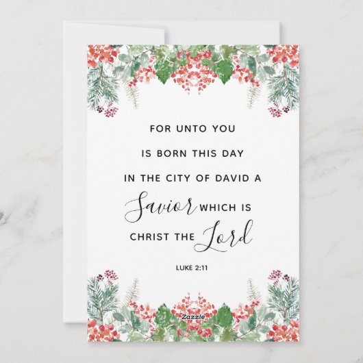 冬の実と緑の葉のクリスマス 喜びのキリスト教フレーズ シーズンカード (裏面)