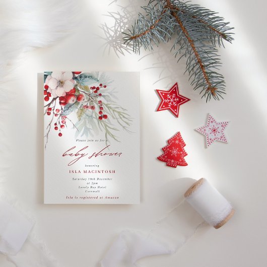 冬の実と葉 紅と緑のベビーシャワー 招待状