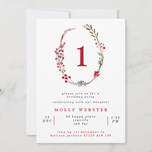 冬の実のリース 女の子の1歳の誕生日パーティー 招待状 (正面)