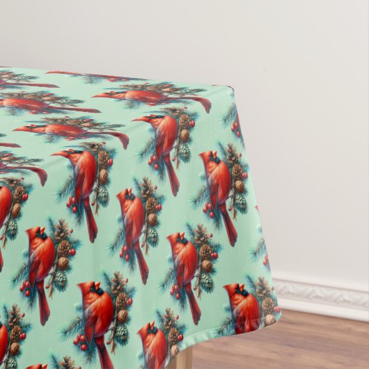 冬の実をつけた松の枝にいるカーディナル テーブルクロス (インサイチュ)