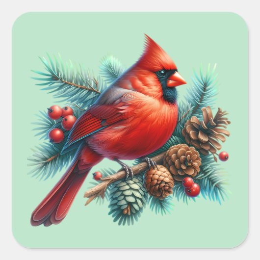 冬の実をつけた松の枝にカーディナル スクエアシール (正面)