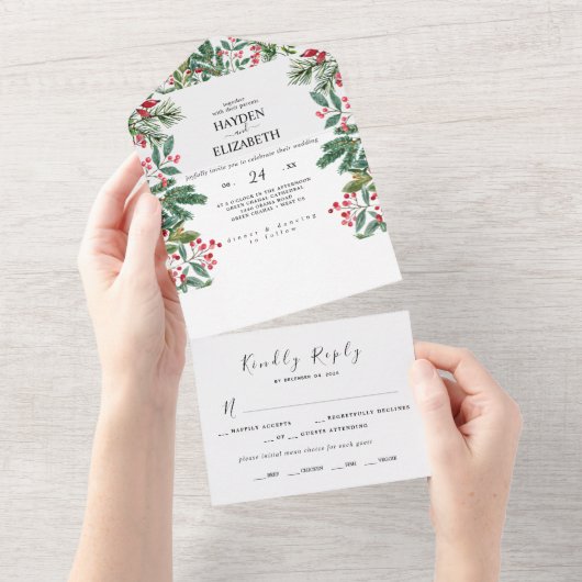 冬の実 松ぼっくり 緑の装飾 ウェディング オールインワン招待状 (貼ってはがせる)