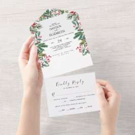 冬の実 松ぼっくり 緑の装飾 ウェディング オールインワン招待状