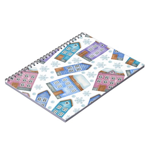 冬の家と雪を描いたシームレスなパターン ノートブック (左側)