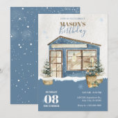 冬の家の雪の誕生日 招待状 (正面/裏面)