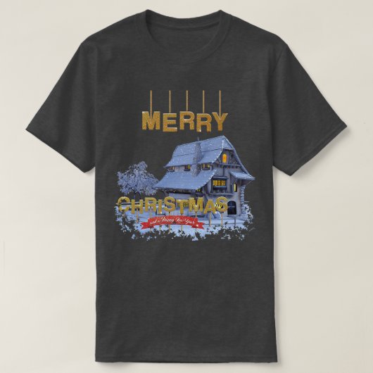 冬の家は雪とメリークリスマス Tシャツ (デザイン正面)