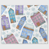 冬の家や雪を描いた継ぎ目のない模様 ラッピングペーパー (フラット)