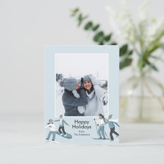 冬の家族のおもしろいクリスマスフォト シーズンポストカード (スタンド正面)