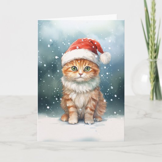 冬の家族のサンタハットにクリスマス猫 カード (正面)