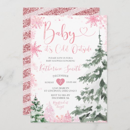 冬の寒い赤ちゃんシャワーフォレストピンクの雪 招待状 (正面/裏面)