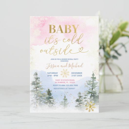 冬の寒さの外でジェンダーが赤ちゃんシャワーを明らかにする 招待状 (スタンド正面)