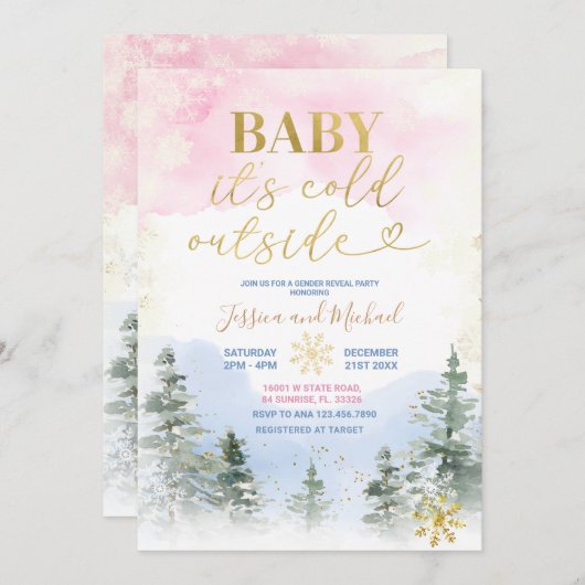 冬の寒さの外でジェンダーが赤ちゃんシャワーを明らかにする 招待状 (正面/裏面)