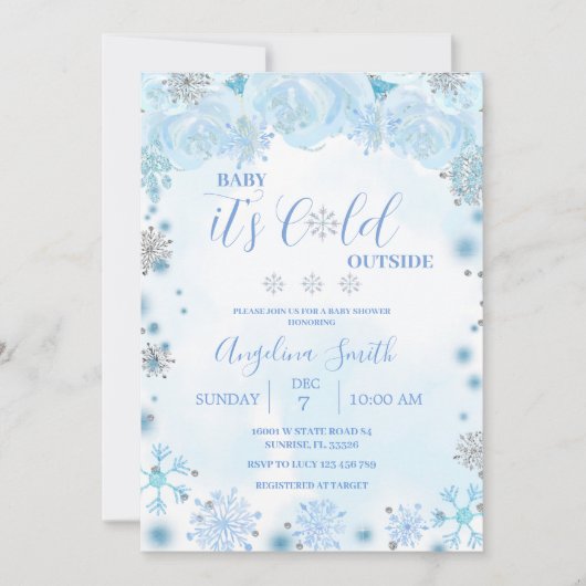 冬の寒さの外の青いスノーフレーク赤ちゃんシャワー 招待状 (正面)
