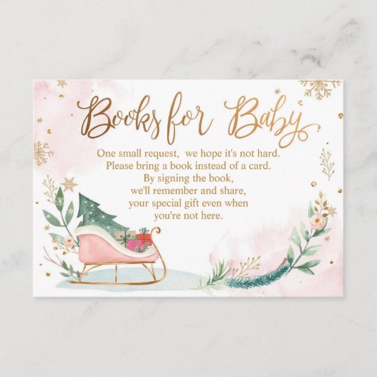 冬の寒さ外の赤ちゃんシャワーピンク本を持ってくる エンクロージャーカード (正面)