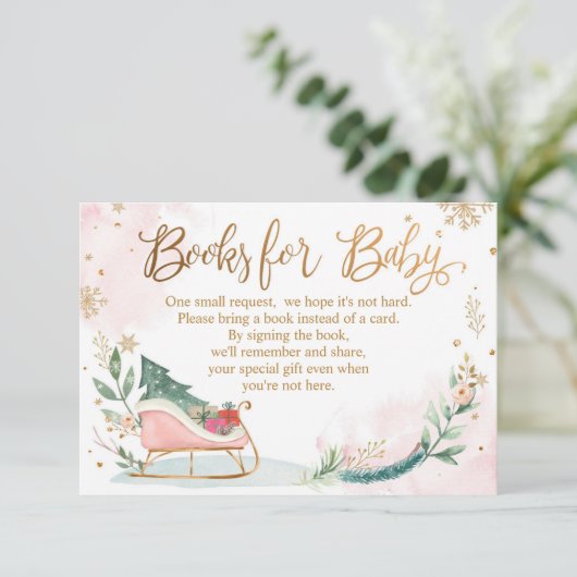 冬の寒さ外の赤ちゃんシャワーピンク本を持ってくる エンクロージャーカード (スタンド正面)