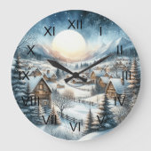 冬の小さな町の通り雪のフルムーンブルー ラージ壁時計 (正面)