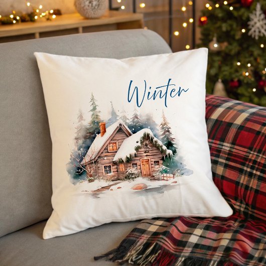 冬の小屋と雪に覆われた森の鹿 クッション
