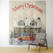 冬の小屋 赤いトラック クリスマス タペストリー (インサイチュ)