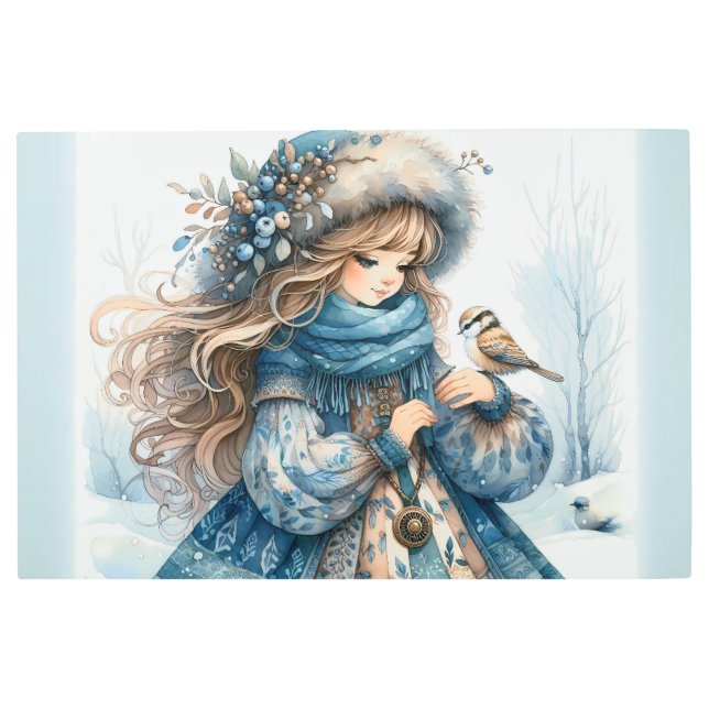 冬の少女と鳥の青いフローラコート メタルプリント (正面)
