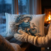 冬の少女と鳥の青いフローラコート ランバークッション