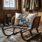 冬の少女と鳥の青いフローラコート ランバークッション