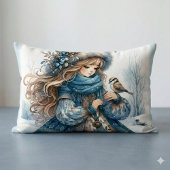 冬の少女と鳥の青いフローラコート ランバークッション