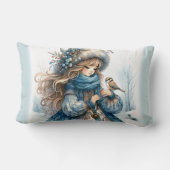 冬の少女と鳥の青いフローラコート ランバークッション (裏面)