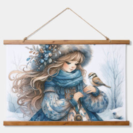 冬の少女と鳥の青いフローラコート 吊り下げ型タペストリー