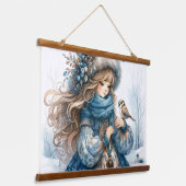 冬の少女と鳥の青いフローラコート 吊り下げ型タペストリー (傾斜あり)