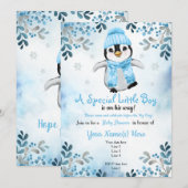 冬の少年ペンギンシャワー招待状 青い雪 招待状 (正面/裏面)