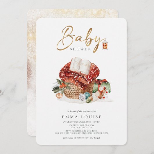 冬の居心地の良いクリスマスホリデーベビーシャワー 招待状 (正面/裏面)