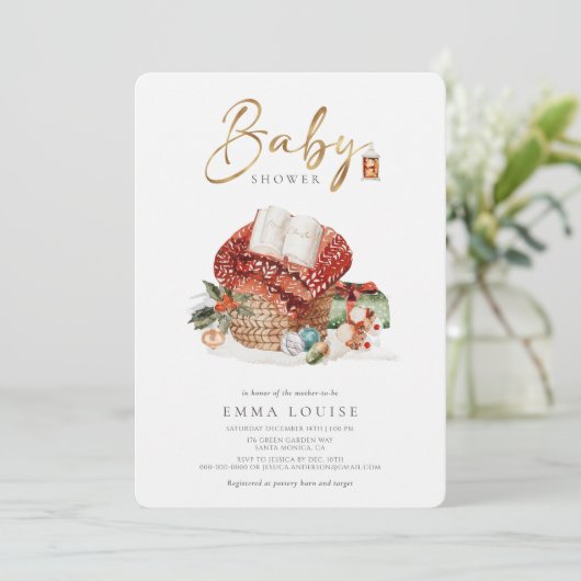 冬の居心地の良いクリスマスホリデーベビーシャワー 招待状 (スタンド正面)