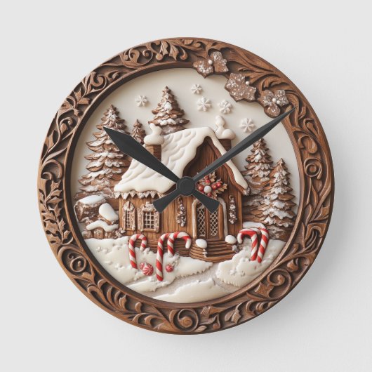 冬の居心地の良い木造のコテージ。 ラウンド壁時計 (正面)