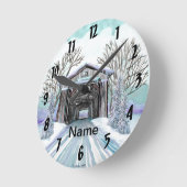 冬の屋根付き橋 ラウンド壁時計 (傾斜)