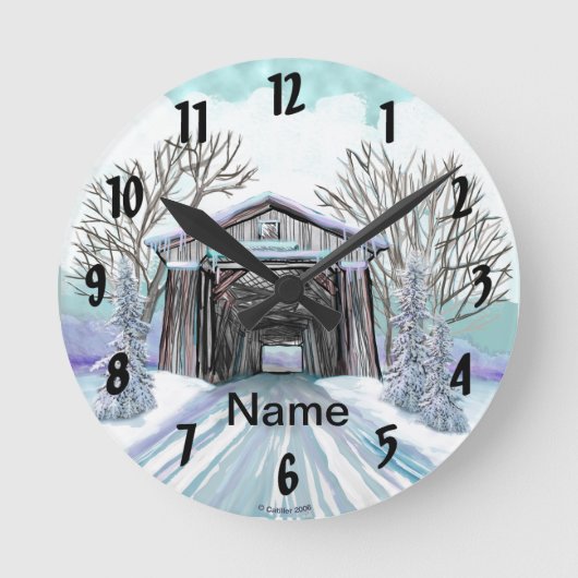 冬の屋根付き橋 ラウンド壁時計 (正面)