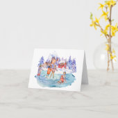 冬の山々でのヴィンテージスケート カード (黄色い花)