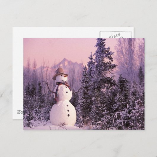 冬の山々に沈む夕焼けの雪だるま ポストカード (正面/裏面)