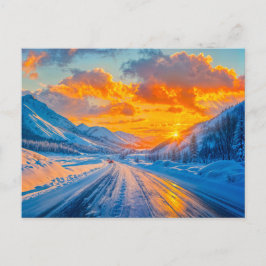 冬の山々を通る夕暮れの道 シーズンポストカード
