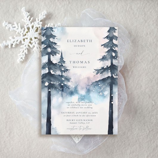 冬の山々雪の松の木エレガントな結婚式 招待状