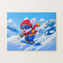 冬の山でスノーボードをする雪ウサギ