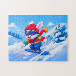 冬の山でスノーボードをする雪ウサギ ジグソーパズル