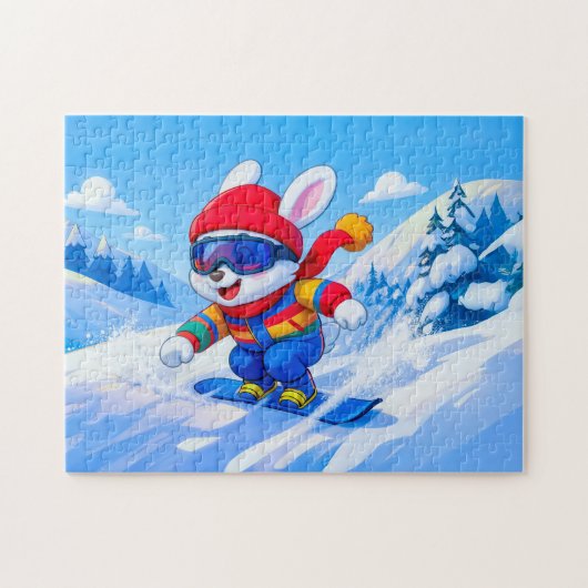 冬の山でスノーボードをする雪ウサギ ジグソーパズル (横)