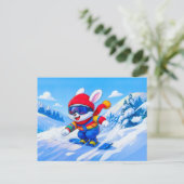 冬の山でスノーボードをする雪ウサギ ポストカード (スタンド正面)