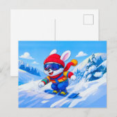 冬の山でスノーボードをする雪ウサギ ポストカード (正面/裏面)