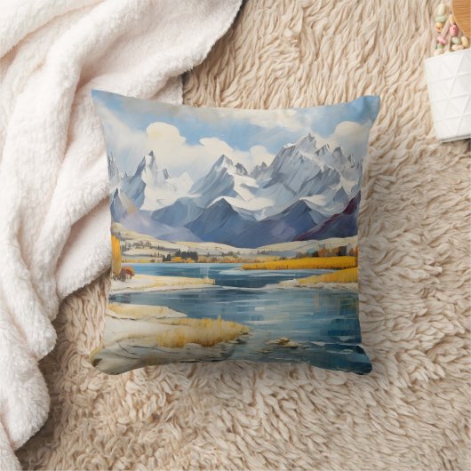 冬の山と湖 クッション (ブランケット)