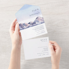 冬の山の日没シールと送信 オールインワン招待状