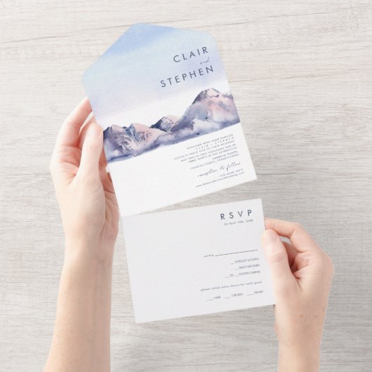 冬の山の日没シールと送信 オールインワン招待状 (貼ってはがせる)