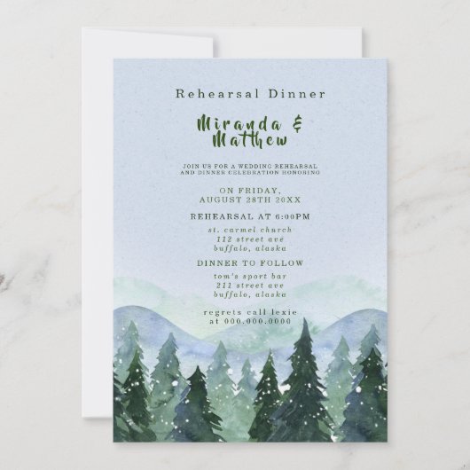 冬の山の木の風景リハーサルディナー 招待状 (正面)